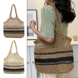 Women Fishnet Straw Bag Large Capacity Beach Handbag Hollow Out Casual for Summer Travel Shopping