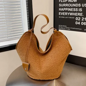 Coffee Fluffy Lamb Woolen Shoulder Bag Women 2025 New Winter Shopping Bag Large Capacity 2 Set Tote Lady Basket Shopping Bag