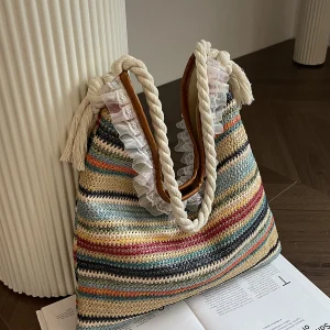 Summer rainbow stripe woven straw bag women 2024 new seaside beach vacation shoulder bag tote bucket bag