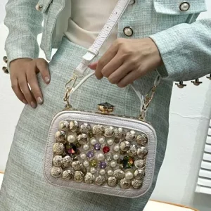 Retro Fashion Versatile Women Buckle PU Leather Square Mini Bag Beading Handbag Elegant Female Underarm Crossbody Shoulder Bag