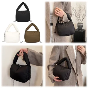 Women Nylon Puffer Crossbody Bag Zipper Closure Handbag with Chain Top-Handle Bag Solid Color for Work Travel